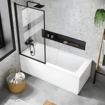 Dover 1700x750 Keyhole Shower Bath & 6mm Easy Clean Matt Black Framed Bath Screen
