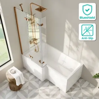 Brixton L Shaped 1500 Shower Bath & 6mm Easy Clean Brushed Copper Folding Bath Screen - Left Handed