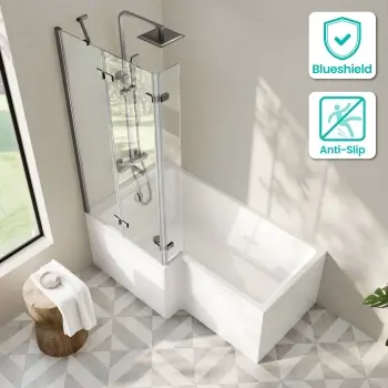 Brixton L Shaped 1600 Shower Bath & 6mm Easy Clean Brushed Gunmetal Folding Bath Screen - Left
