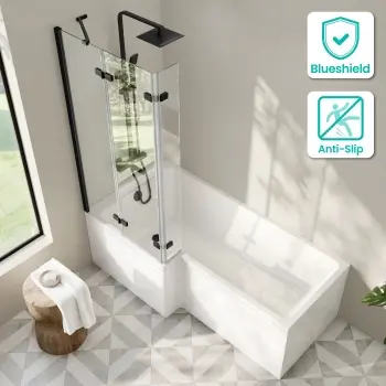 Brixton L Shaped 1700 Shower Bath & 6mm Easy Clean Matt Black Folding Bath Screen - Left Handed