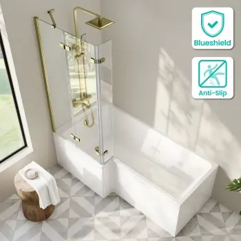 Brixton L Shaped 1700 Shower Bath & 6mm Easy Clean Brushed Brass Folding Bath Screen - Left Handed
