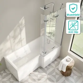 Brixton L Shaped 1700 Shower Bath & 6mm Easy Clean Chrome Folding Bath Screen - Right Handed