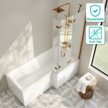 Brixton L Shaped 1700 Shower Bath & 6mm Easy Clean Brushed Copper Folding Bath Screen - Right Handed