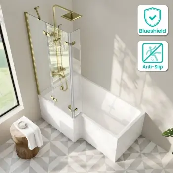 Brixton L Shaped 1600 Shower Bath with Front Panel & 6mm Brushed Brass Folding Bath Screen - Left