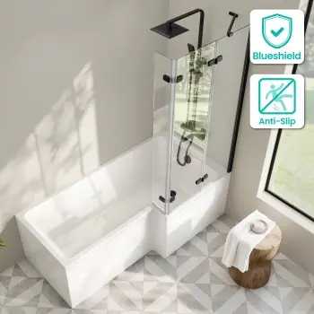Brixton L Shaped 1700 Shower Bath with Front Panel & 6mm Matt Black Folding Bath Screen - Right