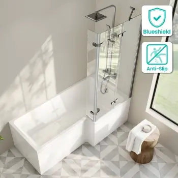 Brixton L Shaped 1700 Shower Bath with Front Panel & 6mm Gunmetal Folding Bath Screen - Right