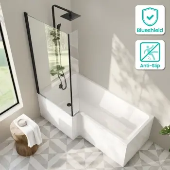 Brixton L Shaped 1700 Shower Bath & 6mm Matt Black Easy Clean Screen - Left Handed