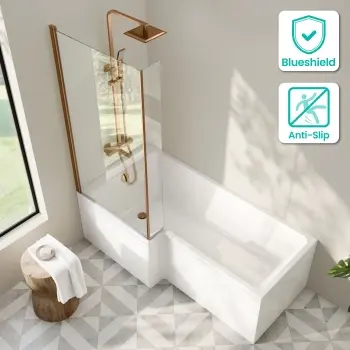 Brixton L Shaped 1700 Shower Bath & 6mm Brushed Copper Easy Clean Screen - Left Handed