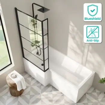 Brixton L Shaped 1700 Shower Bath & 6mm Easy Clean Matt Black Grid Bath Screen - Left Handed