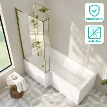 Brixton L Shaped 1700 Shower Bath & 6mm Easy Clean Brushed Brass Framed Bath Screen - Left Handed