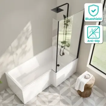 Brixton L Shaped 1700 Shower Bath & 6mm Matt Black Easy Clean Screen - Right Handed