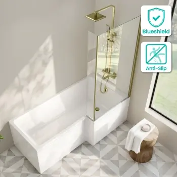 Brixton L Shaped 1700 Shower Bath & 6mm Brushed Brass Easy Clean Screen - Right Handed