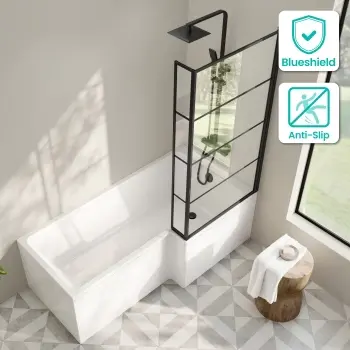 Brixton L Shaped 1700 Shower Bath & 6mm Easy Clean Matt Black Grid Bath Screen - Right Handed
