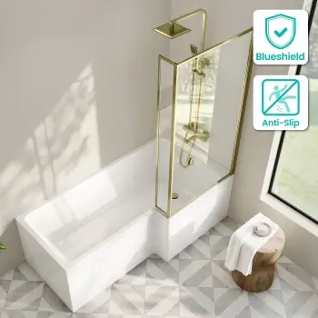 Brixton L Shaped 1700 Shower Bath & 6mm Easy Clean Brushed Brass Framed Bath Screen - Right Handed