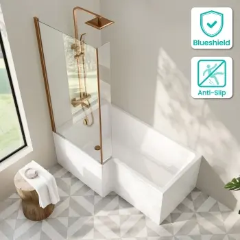 Brixton L Shaped 1600 Shower Bath with Front Panel & 6mm Brushed Copper Easy Clean Screen - Left