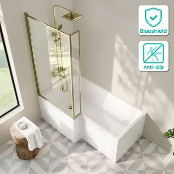 Brixton L Shaped 1600 Shower Bath with Front Panel & 6mm Brushed Brass Framed Bath Screen - Left