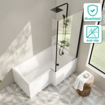 Brixton L Shaped 1600 Shower Bath with Front Panel & 6mm Matt Black Easy Clean Screen - Right Handed