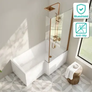 Brixton L Shaped 1600 Shower Bath with Front Panel & 6mm Brushed Copper Easy Clean Screen - Right