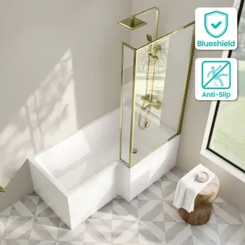 Brixton L Shaped 1600 Shower Bath with Front Panel & 6mm Brushed Brass Framed Bath Screen - Right