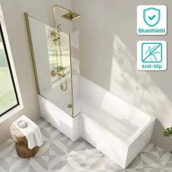 Brixton L Shaped 1700 Shower Bath with Front Panel & 6mm Brushed Brass Easy Clean Screen - Left