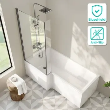 Brixton L Shaped 1700 Shower Bath with Front Panel & 6mm Brushed Gunmetal Easy Clean Screen - Left