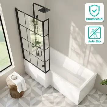 Brixton L Shaped 1700 Shower Bath with Front Panel & 6mm Matt Black Grid Bath Screen - Left