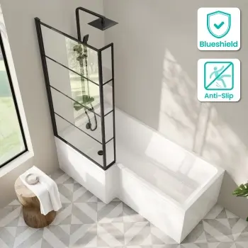 Brixton L Shaped 1700 Shower Bath with Front Panel & 6mm Matt Black Grid Bath Screen - Left