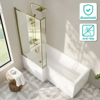 Brixton L Shaped 1700 Shower Bath with Front Panel & 6mm Brushed Brass Framed Bath Screen - Left