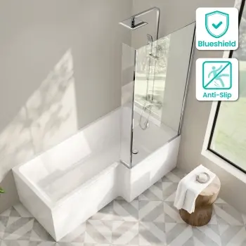 Brixton L Shaped 1700 Shower Bath with Front Panel & 6mm Chrome Easy Clean Screen - Right Handed