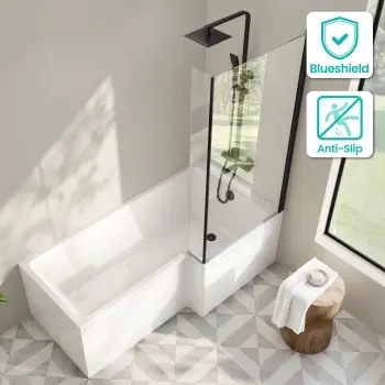 Brixton L Shaped 1700 Shower Bath with Front Panel & 6mm Matt Black Easy Clean Screen - Right Handed