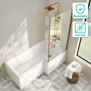 Brixton L Shaped 1700 Shower Bath with Front Panel & 6mm Brushed Copper Easy Clean Screen - Right