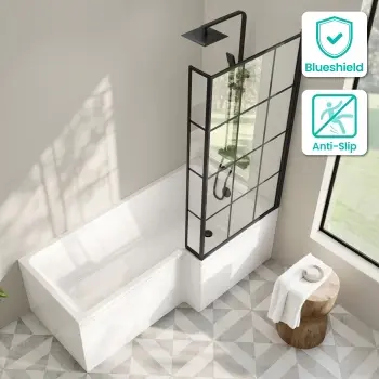 Brixton L Shaped 1700 Shower Bath with Front Panel & 6mm Matt Black Grid Bath Screen - Right