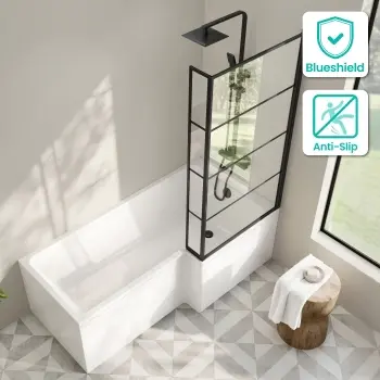 Brixton L Shaped 1700 Shower Bath with Front Panel & 6mm Matt Black Grid Bath Screen - Right