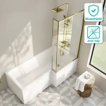 Brixton L Shaped 1700 Shower Bath with Front Panel & 6mm Brushed Brass Framed Bath Screen - Right