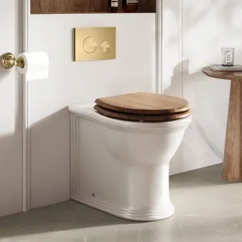 Alma Traditional Rimless Back To Wall Toilet With Oak Effect Soft Close Seat - Brushed Brass Hinges