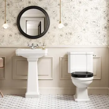 Enid Traditional Close Coupled Toilet With Gloss Black Wooden Seat & Pedestal Basin Single Tap Hole