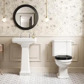 Enid Traditional Close Coupled Toilet With Gloss Black Wooden Seat & Pedestal Basin Double Tap Hole
