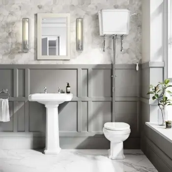 Hudson Traditional Close Coupled Toilet High-Level Cistern & Pedestal Basin Set Double Tap Hole