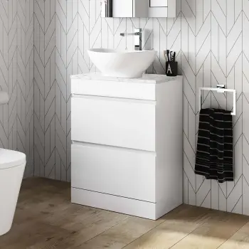 Trent Gloss White Vanity Drawer with Marble Top & Oval Counter Top Basin 600mm