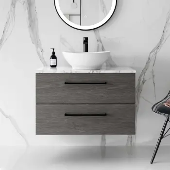 Elba Charcoal Elm Wall Hung Drawer Vanity Marble Top & Oval Counter Top Basin 800mm - Black Accents
