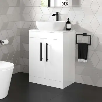 Avon Gloss White Vanity with Marble Top & Curved Counter Top Basin 600mm - Black Accents