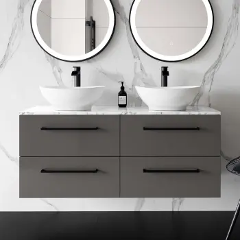 Elba Graphite Grey Double Wall Hung Drawer Vanity Marble Top & Oval Basin 1200mm - Black Accents