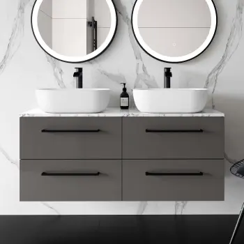 Elba Graphite Grey Double Wall Hung Drawer Vanity Marble Top & Curved Basin 1200mm - Black Accents