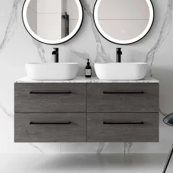 Elba Charcoal Elm Double Wall Hung Drawer Vanity Marble Top & Curved Basin 1200mm - Black Accents