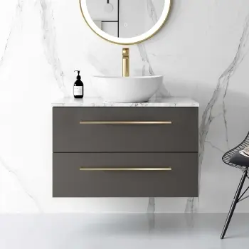 Elba Graphite Grey Wall Hung Vanity Marble Top & Oval Counter Top Basin 800mm - Brass Accents