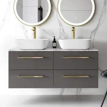 Elba Graphite Grey Double Wall Hung Vanity Marble Top & Curved Basin 1200mm - Brushed Brass Accents