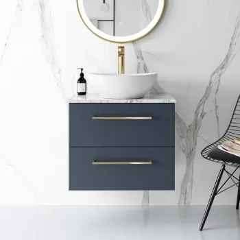 Elba Inky Blue Wall Hung Vanity Marble Top & Oval Counter Top Basin 600mm - Brushed Brass Accents