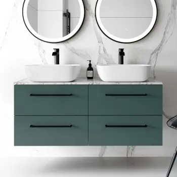 Elba Midnight Green Double Wall Hung Drawer Vanity Marble Top & Curved Basin 1200mm - Black Accents