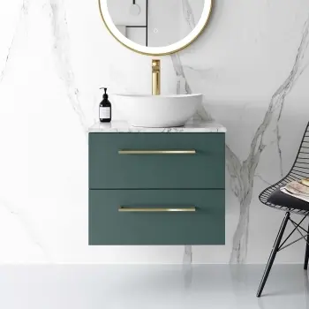 Elba Midnight Green Wall Hung Vanity Marble Top & Oval Counter Top Basin 600mm - Brass Accents