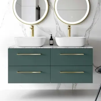 Elba Midnight Green Double Wall Hung Vanity Marble Top & Curved Basin 1200mm - Brass Accents